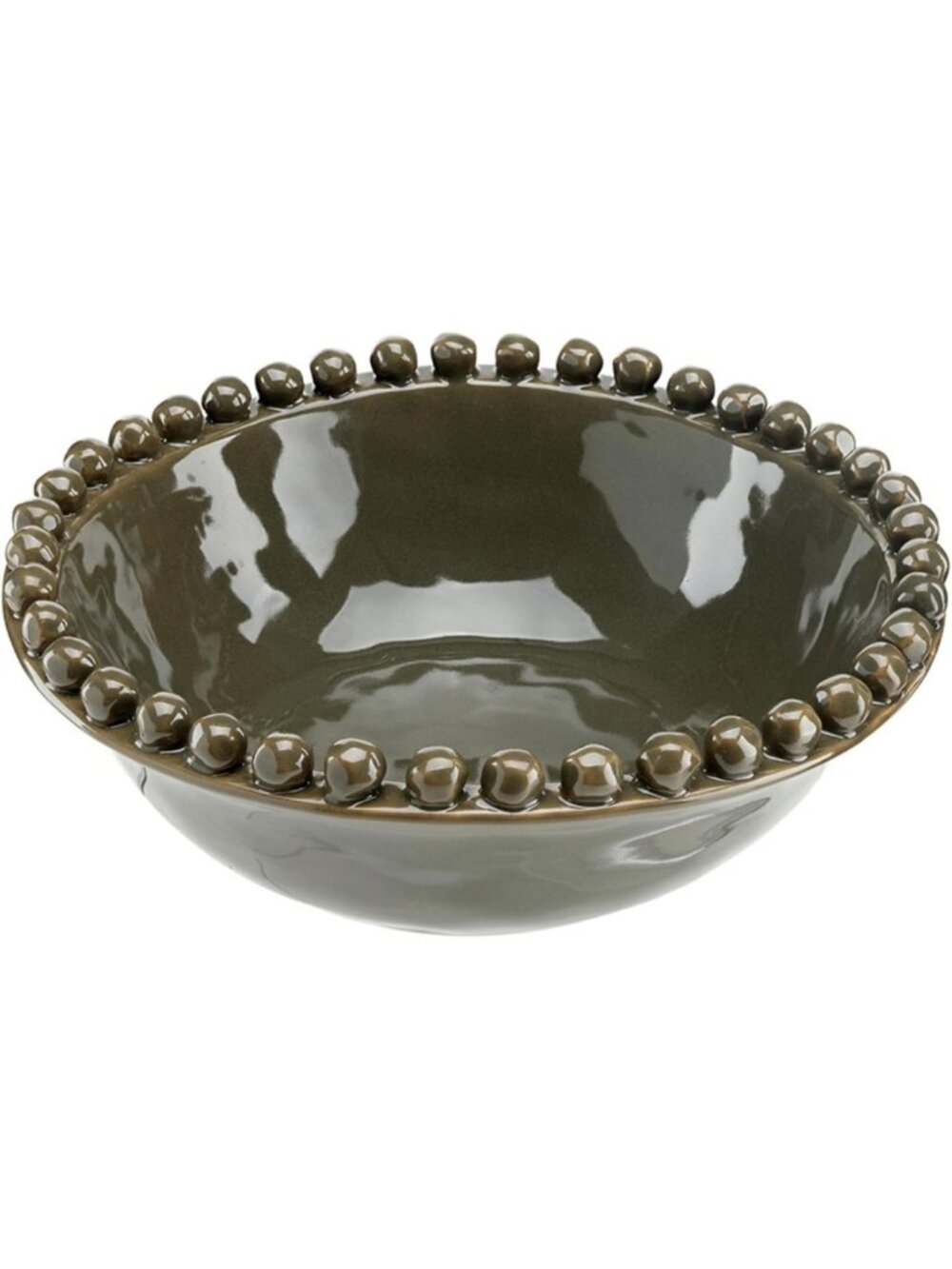 Large Ceramic Bowl with Beaded Rim - 8" Diameter, Dark Moss Green Home Decor